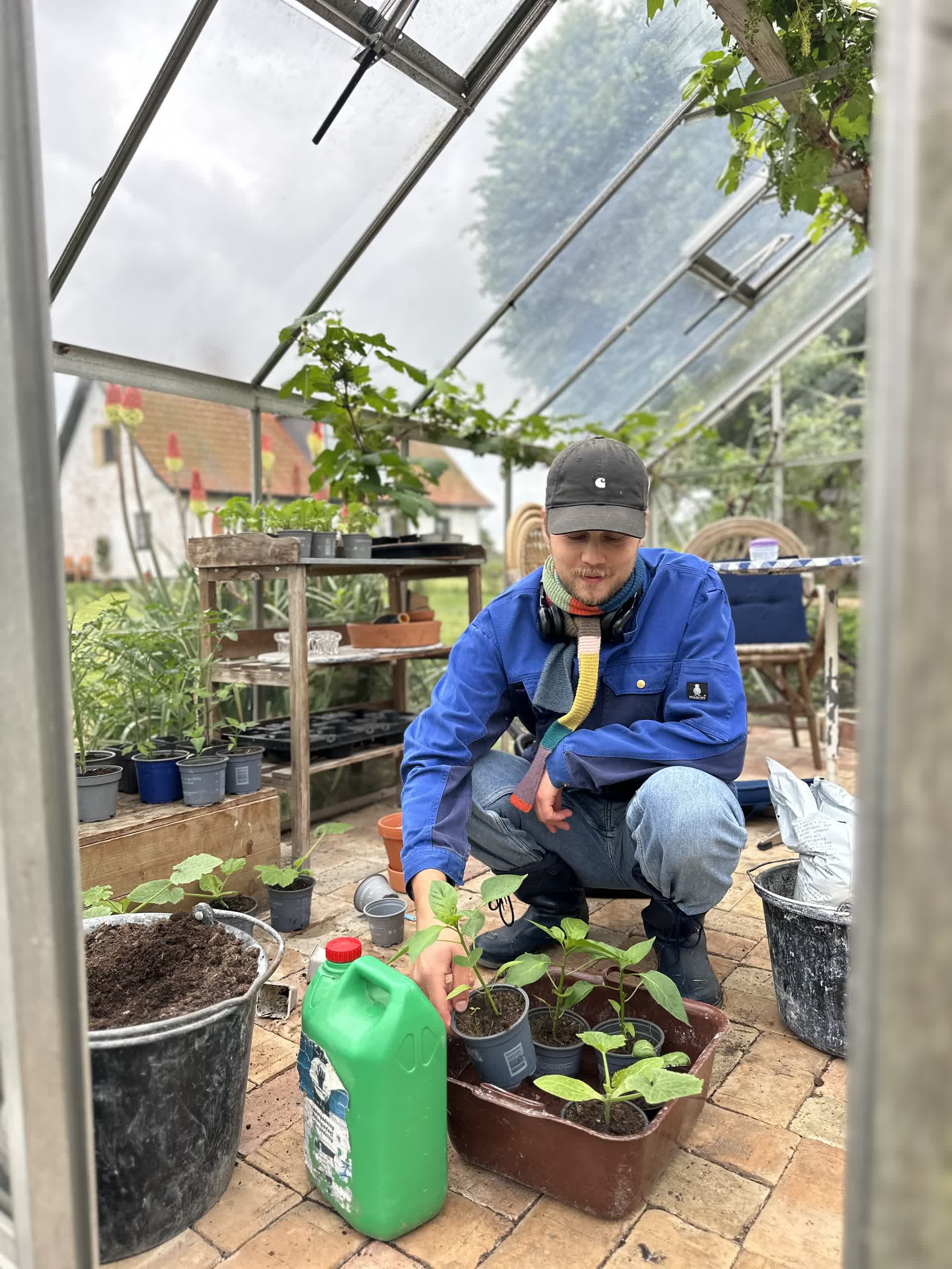 Bertram ser til planterne i drivhuset